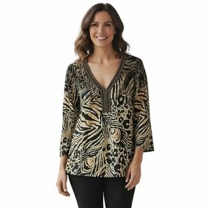 HALE BOB Cabana 100% Silk Beaded Animal Print Blouse – Zebra Leopard Mix – Size